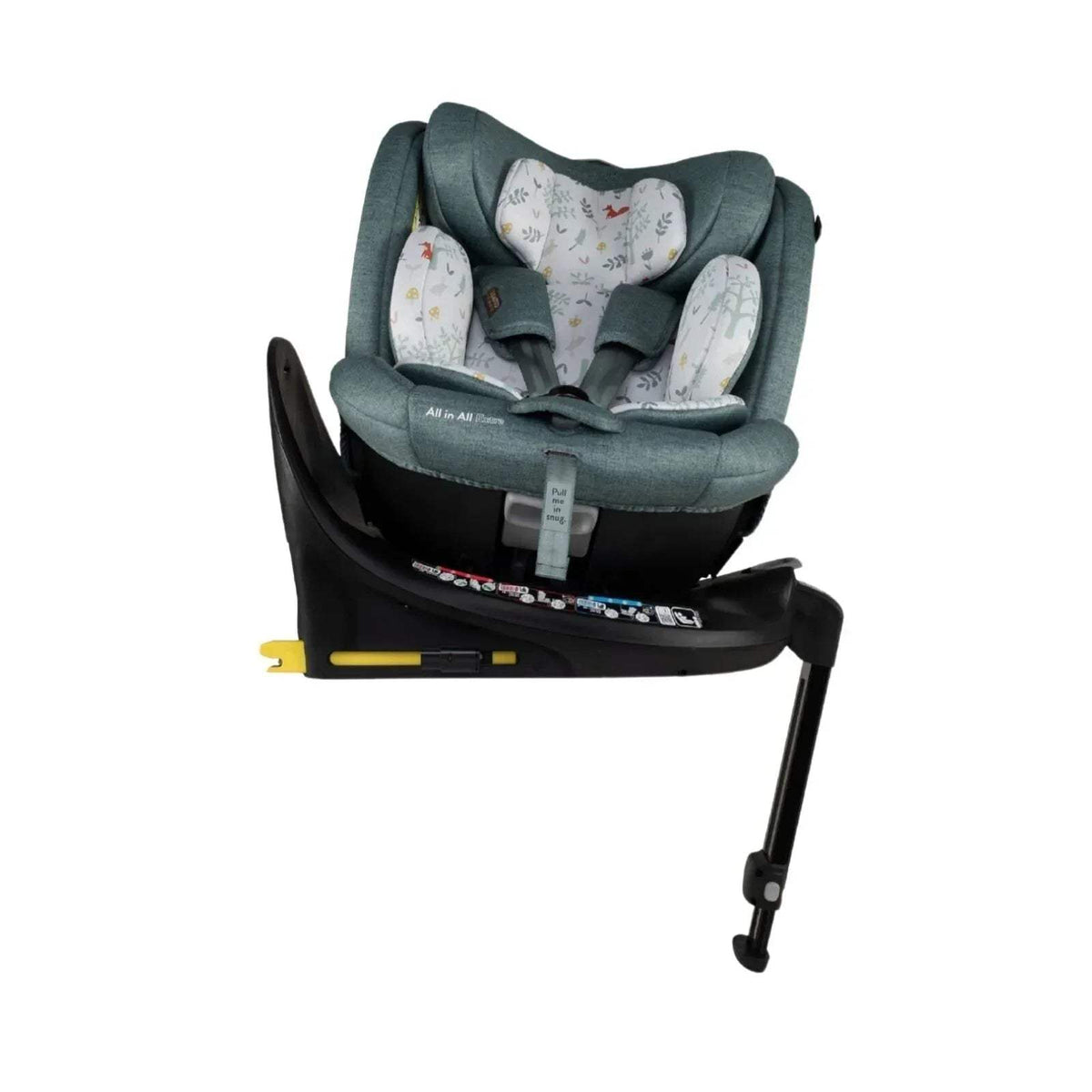 Infant car seat with teal fabric and animal-forest patterned inner headrest cushions