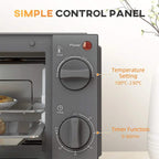 Grey mini oven control panel with temperature dial, time dial, and power indicator light.
