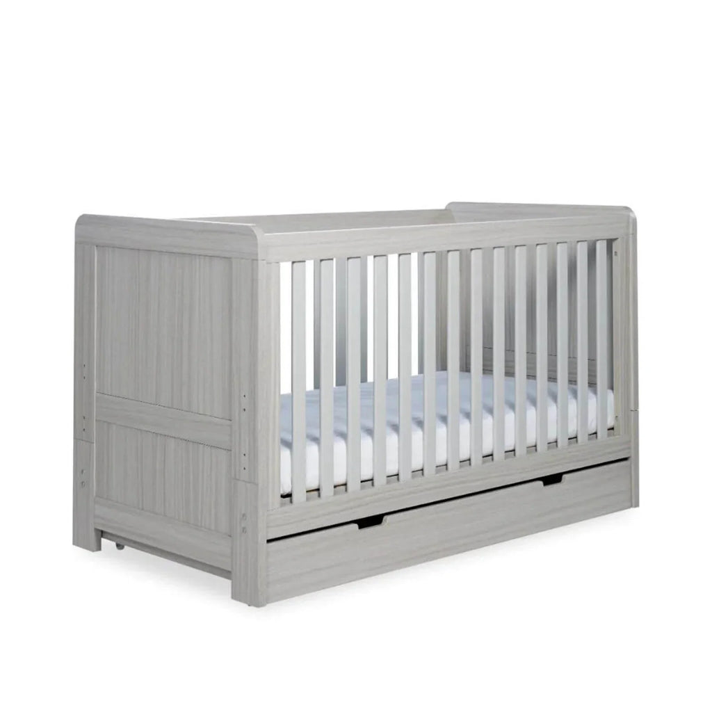 Ash grey cot bed frame with slatted sides and under-drawer storage, no mattress