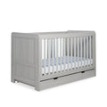 Ash grey cot bed frame with slatted sides and under-drawer storage, no mattress