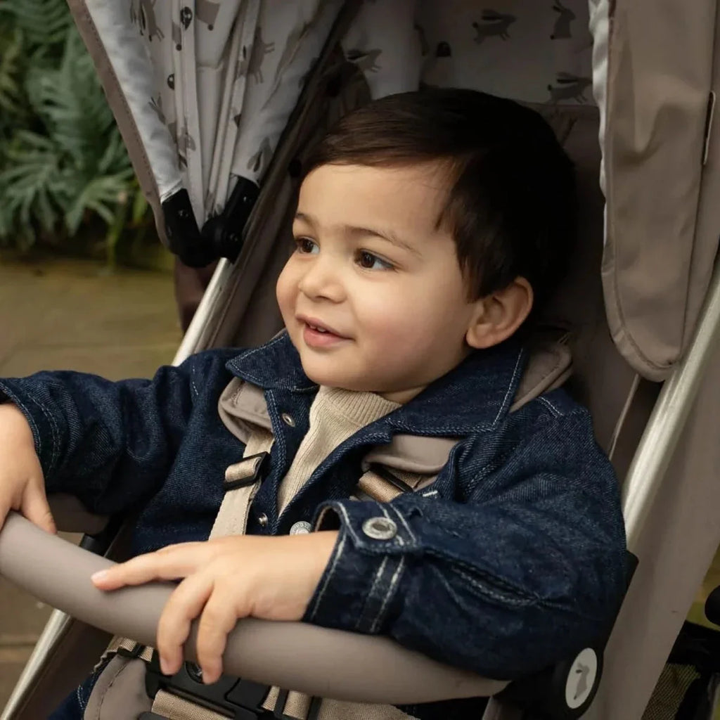 Baby stroller seat area with patterned canopy and navy harness, side view