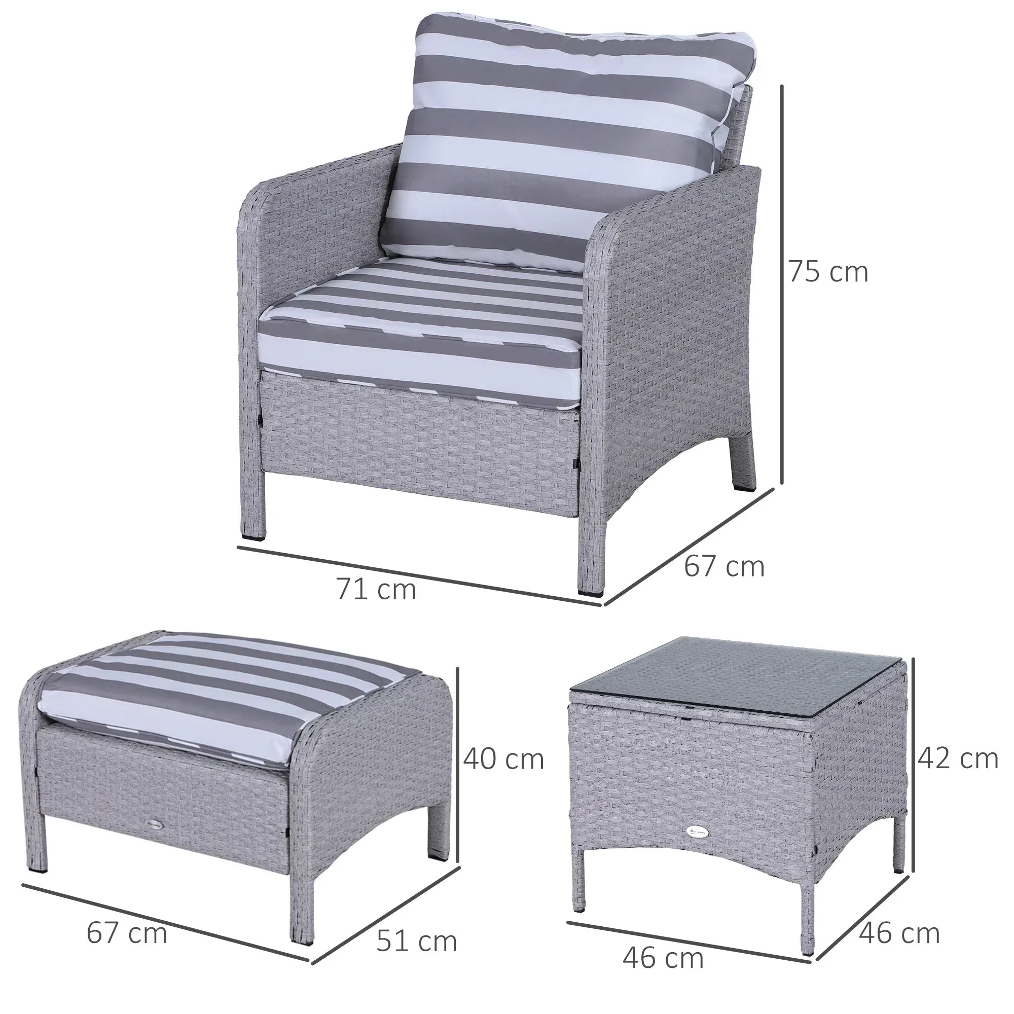 5 Pieces PE Rattan Garden Furniture Set with 10cm Thick Padded Cushions, Wicker Weave Outdoor Seating Chairs with 2 Armchairs, 2 Stools, Glass Top Table, Grey and White - Bobobiy