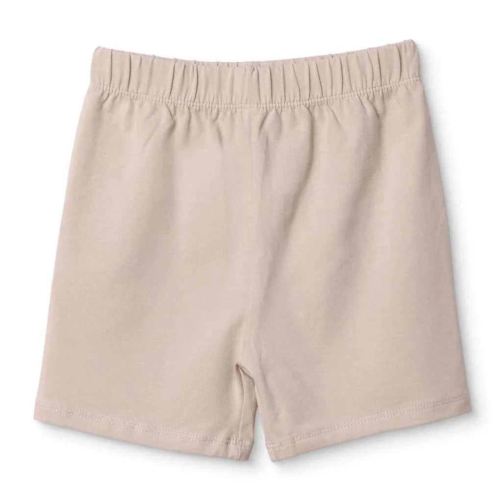 Mink jersey baby shorts with elastic waistband and straight legs
