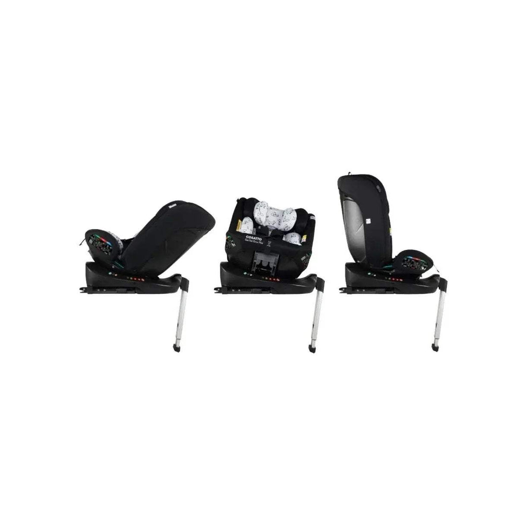Cosatto i-Size 360 car seat, black with white dog print cushions, side profile set