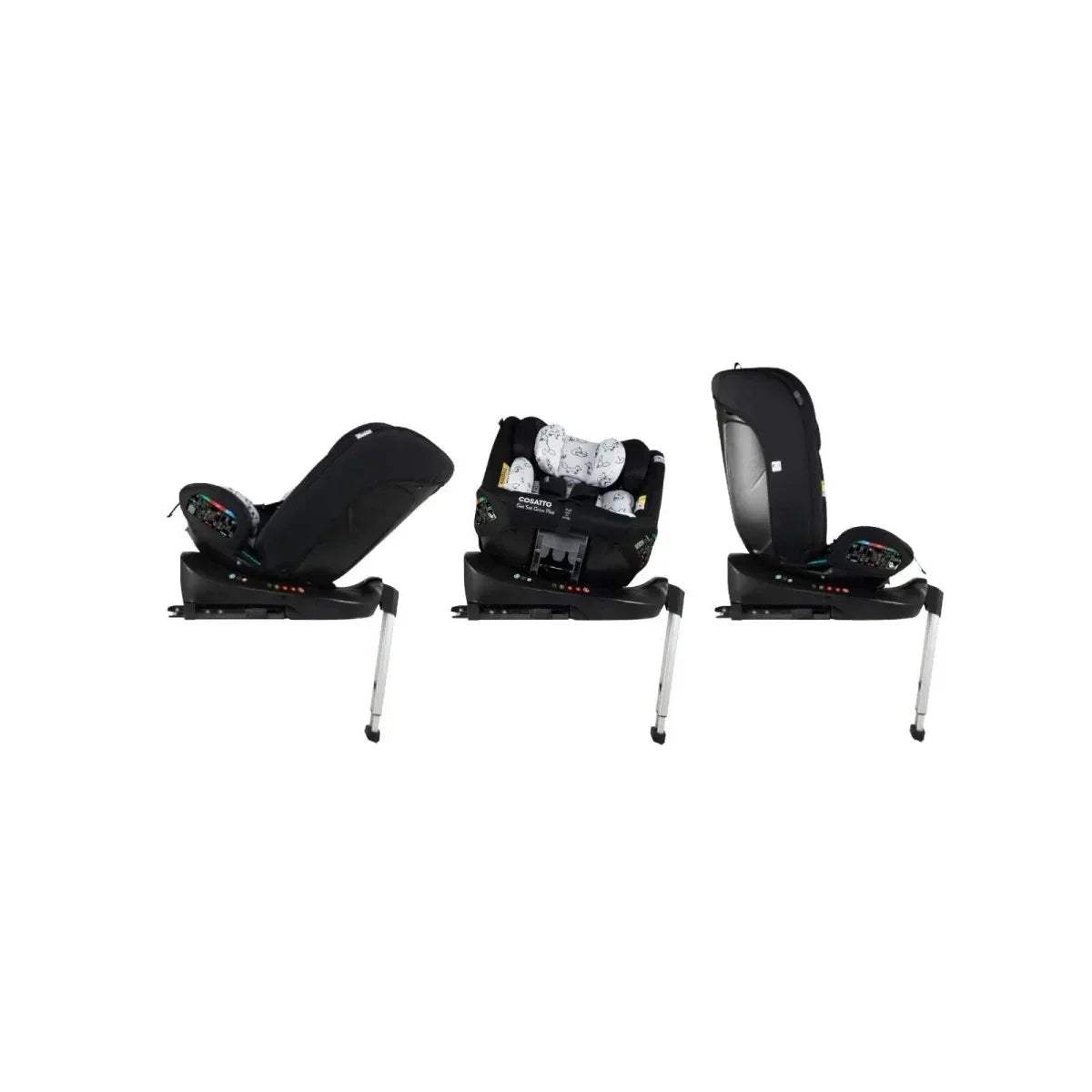 Cosatto i-Size 360 car seat, black with white dog print cushions, side profile set