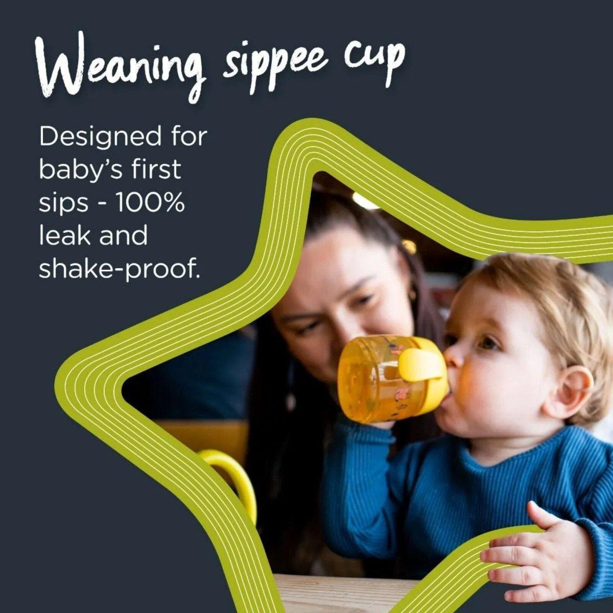 Yellow sippy cup for toddler weaning with handles and drinking spout