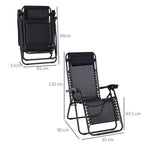 Black folding zero gravity chair, side view with head pillow and adjustable recline