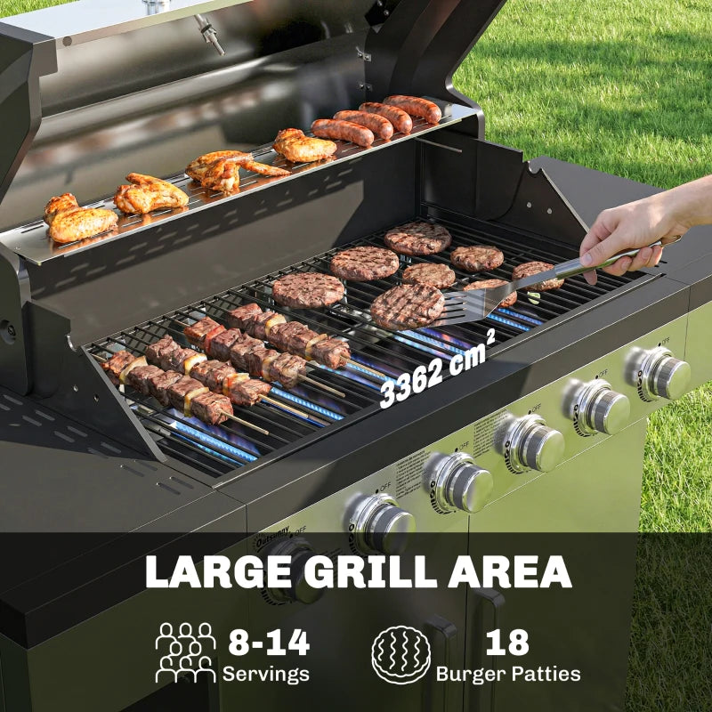 Open BBQ grill showing burger patties on grates with lid raised for cooking