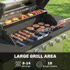 Open BBQ grill showing burger patties on grates with lid raised for cooking