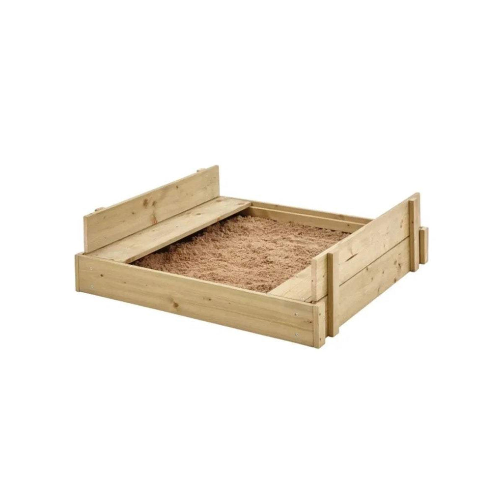 Wooden lidded sandpit with open lid and visible sand interior