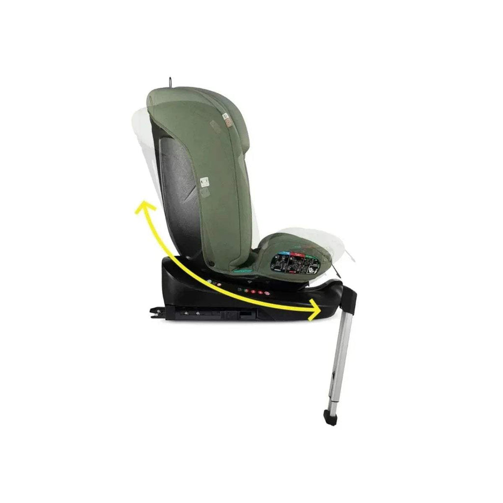 Green car seat showing rotating base with side impact area