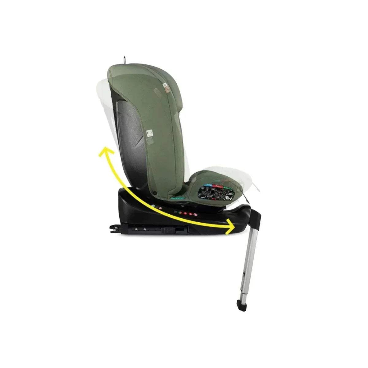 Green car seat showing rotating base with side impact area