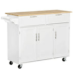 White kitchen island utility cart with two drawers, cabinet doors, and casters