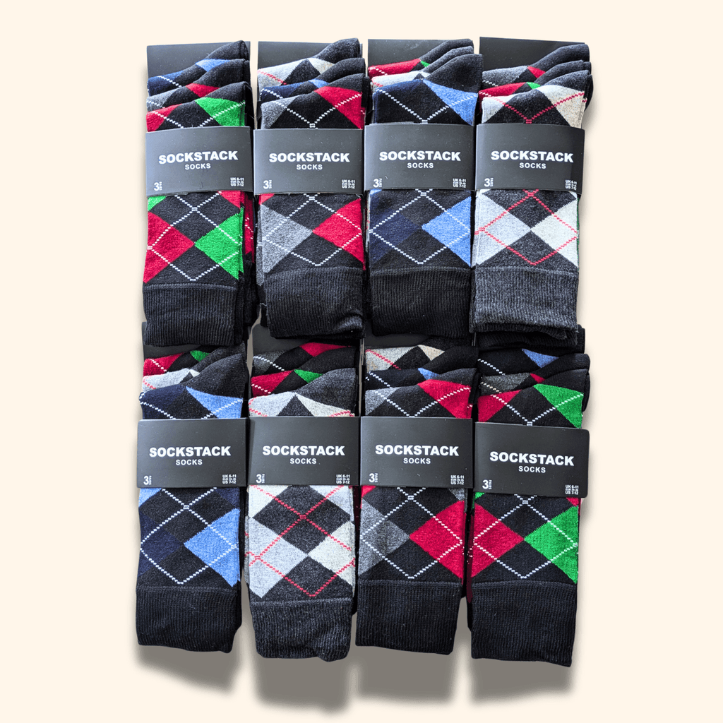 24 Pairs Men's Soft Cotton Colourful Heel Toe Black Argyle Diamond Easycare Comfortable Shoe Socks Flat Toe Seam Durable Work School Business Wear UK 6-11