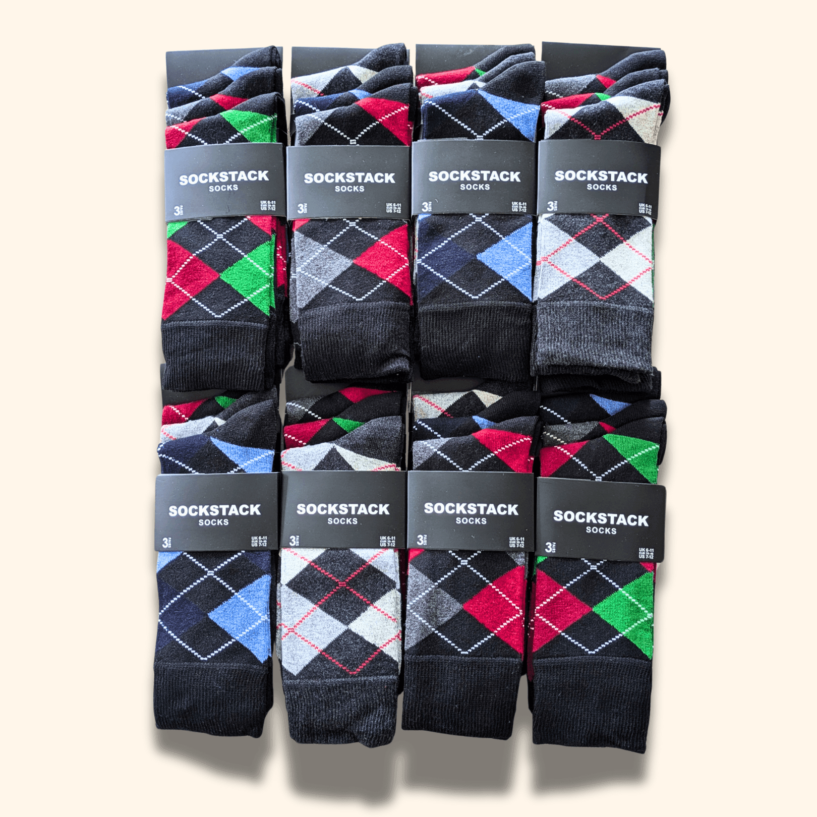 24 Pairs Men's Soft Cotton Colourful Heel Toe Black Argyle Diamond Easycare Comfortable Shoe Socks Flat Toe Seam Durable Work School Business Wear UK 6-11