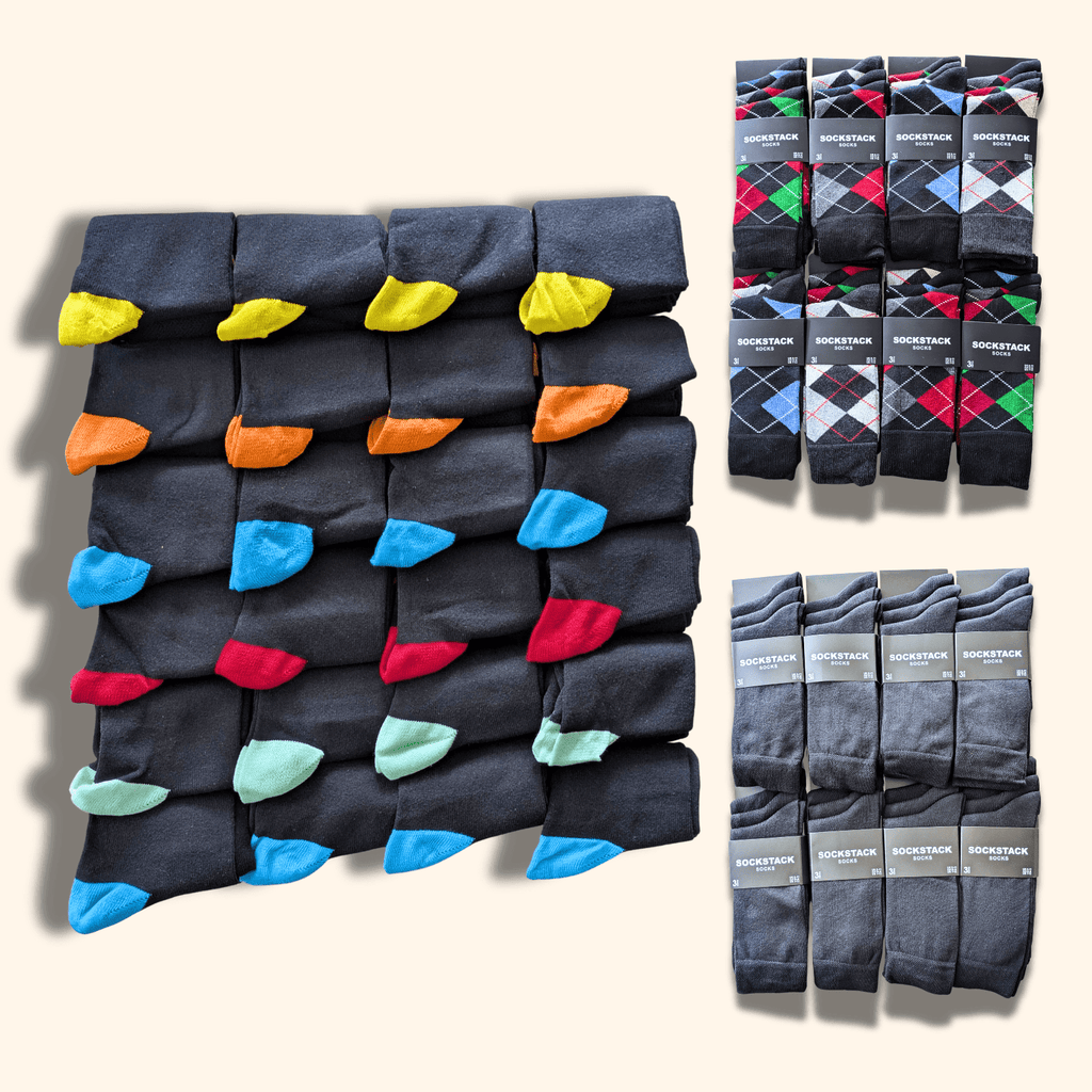 24 Pairs Men's Soft Cotton Colourful Heel Toe Black Argyle Diamond Easycare Comfortable Shoe Socks Flat Toe Seam Durable Work School Business Wear UK 6-11
