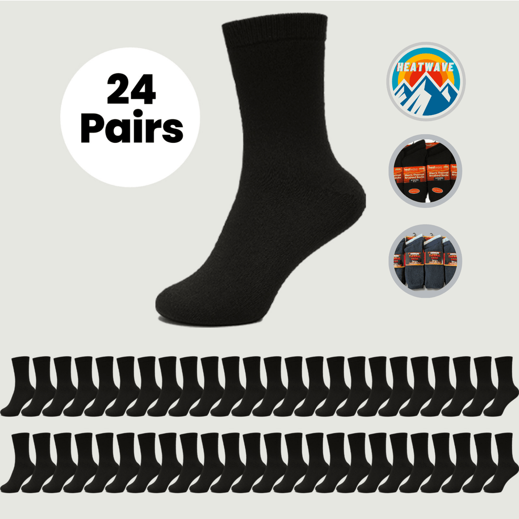 24 Pairs Mens Black Thermal Socks Warm Work Boot Socks Superior Insulation Cold Weather Double Brushed Advanced Knitting Technology Extra Warmth