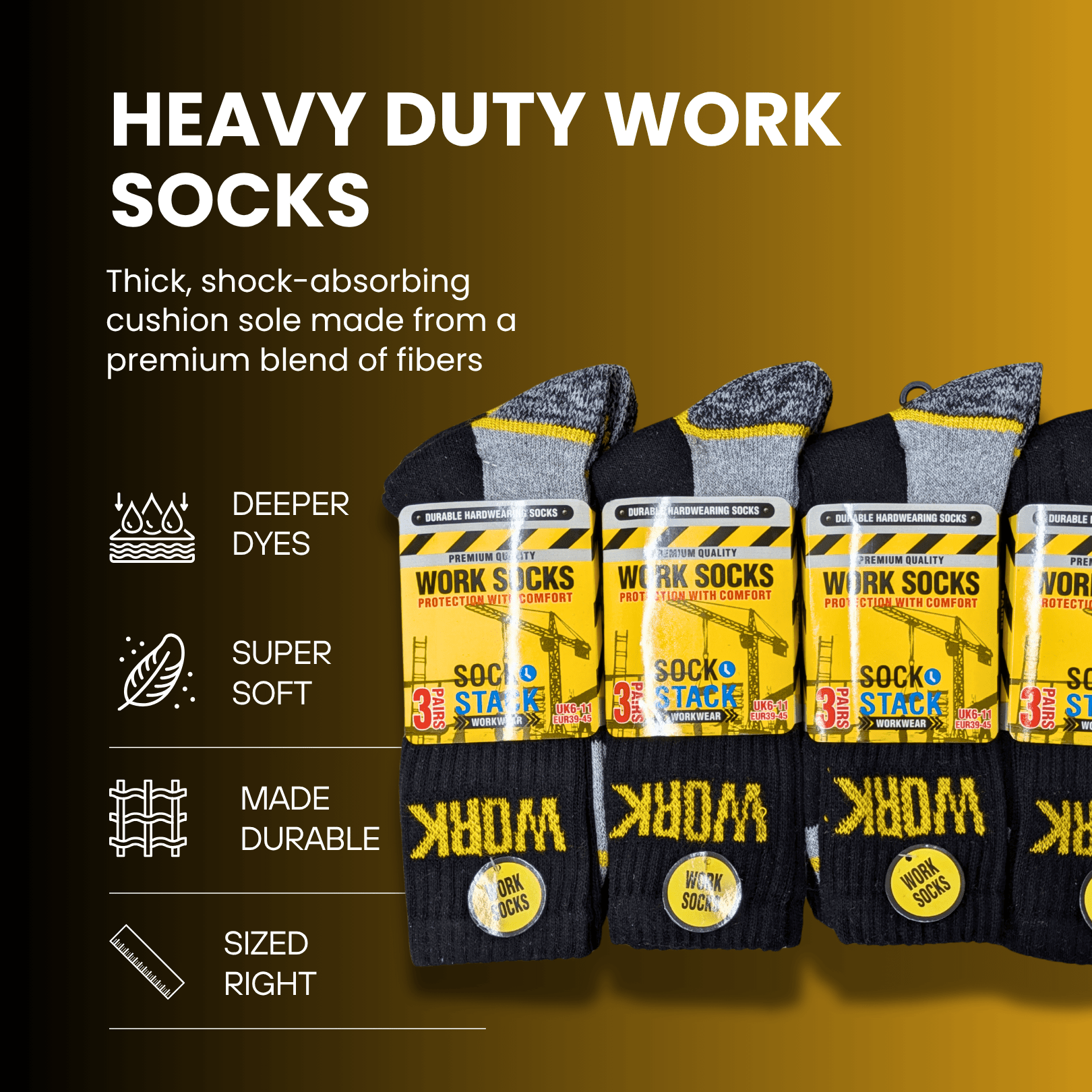 24 Pairs Mens Heavy Duty Work Socks Cushion Sole Reinforced Toe Heel Durable Black Boot Sock for Construction Outdoor Jobs Walking Sizes UK 6-11 EUR 39-45