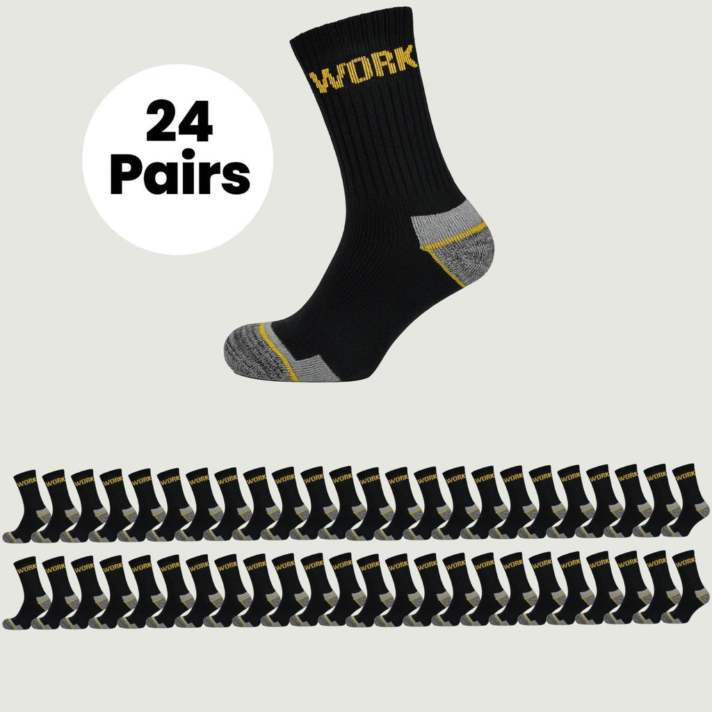 24 Pairs Mens Heavy Duty Work Socks Cushion Sole Reinforced Toe Heel Durable Black Boot Sock for Construction Outdoor Jobs Walking Sizes UK 6-11 EUR 39-45