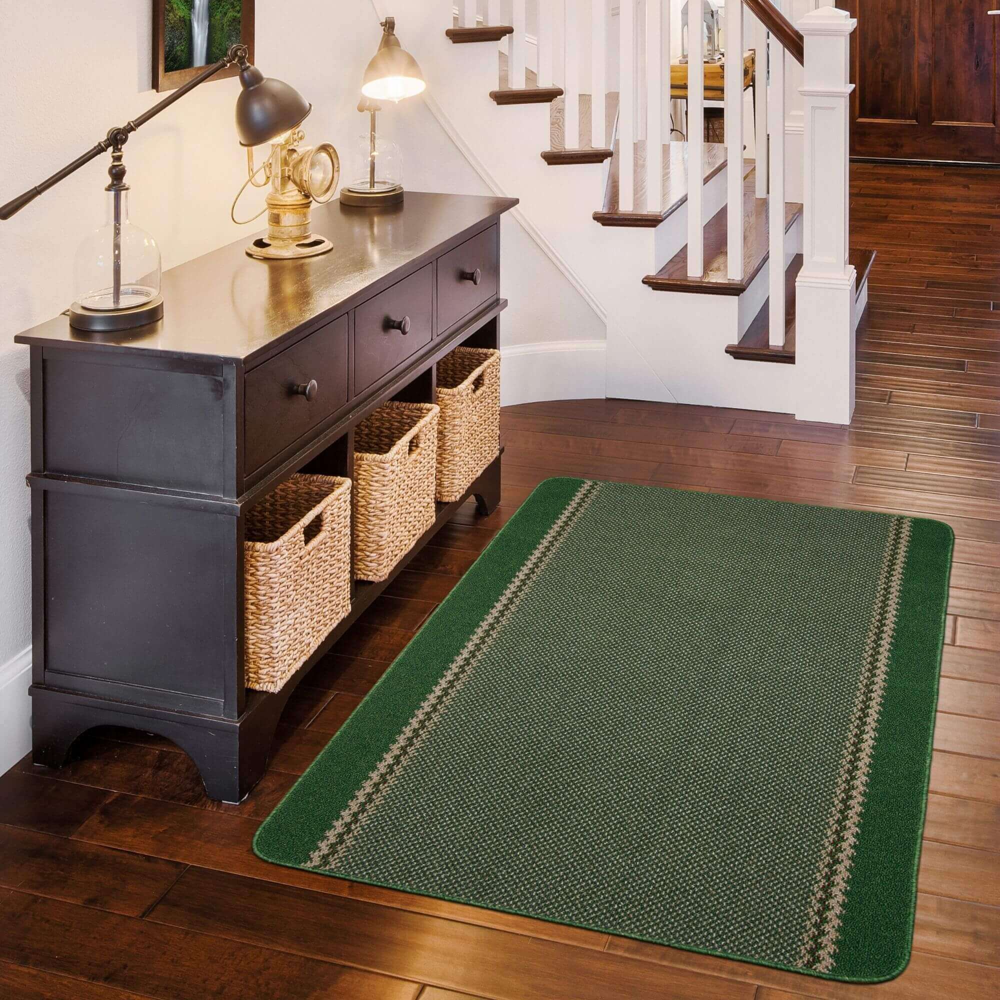 Washable Designer Bordered Green Rug | 116Gr