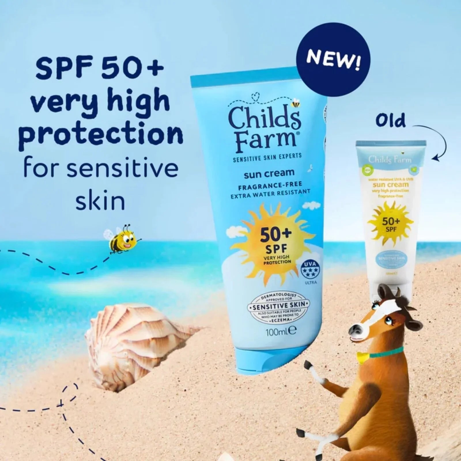 Child-friendly SPF 50+ sun cream tube for sensitive skin, 100 ml
