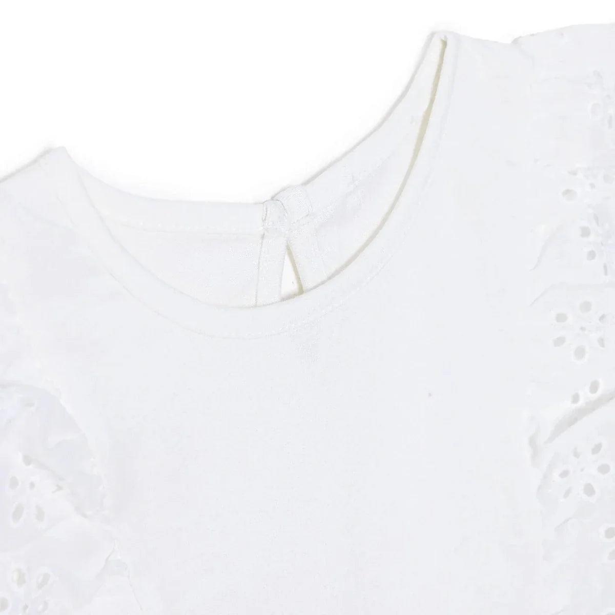 Off-white blouse neckline with keyhole opening and small button.