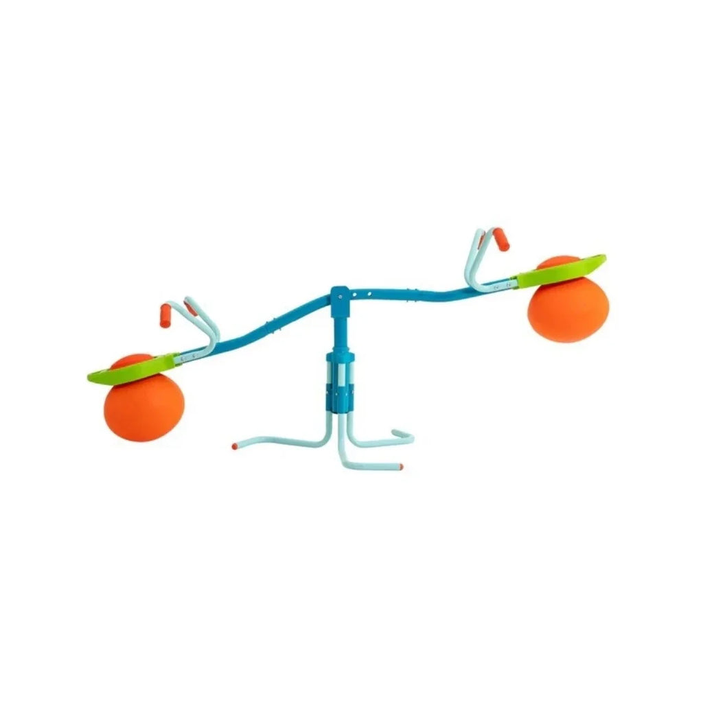 Blue hop seesaw balance trainer with orange soft impact ball seats and green handles