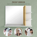 Bathroom mirror with white shelves and bamboo side panel, open storage on the right