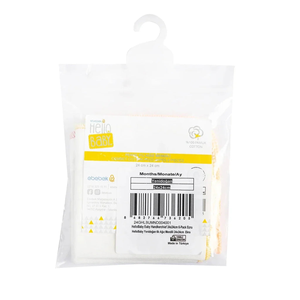 HelloBaby baby burp cloths 6-pack package in clear wrap, ecru cloths with stitched edges