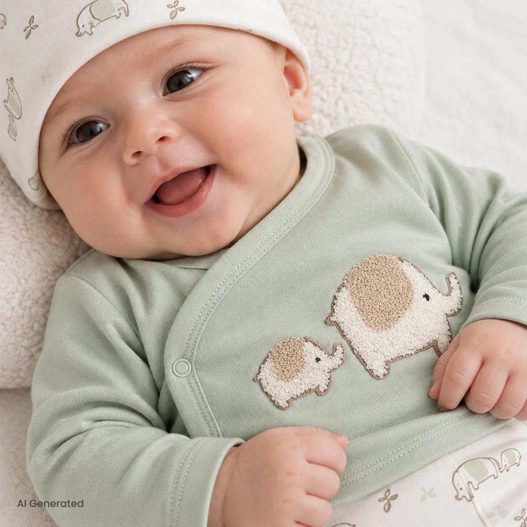 Close-up of smiling newborn in mint elephant top and white patterned hat