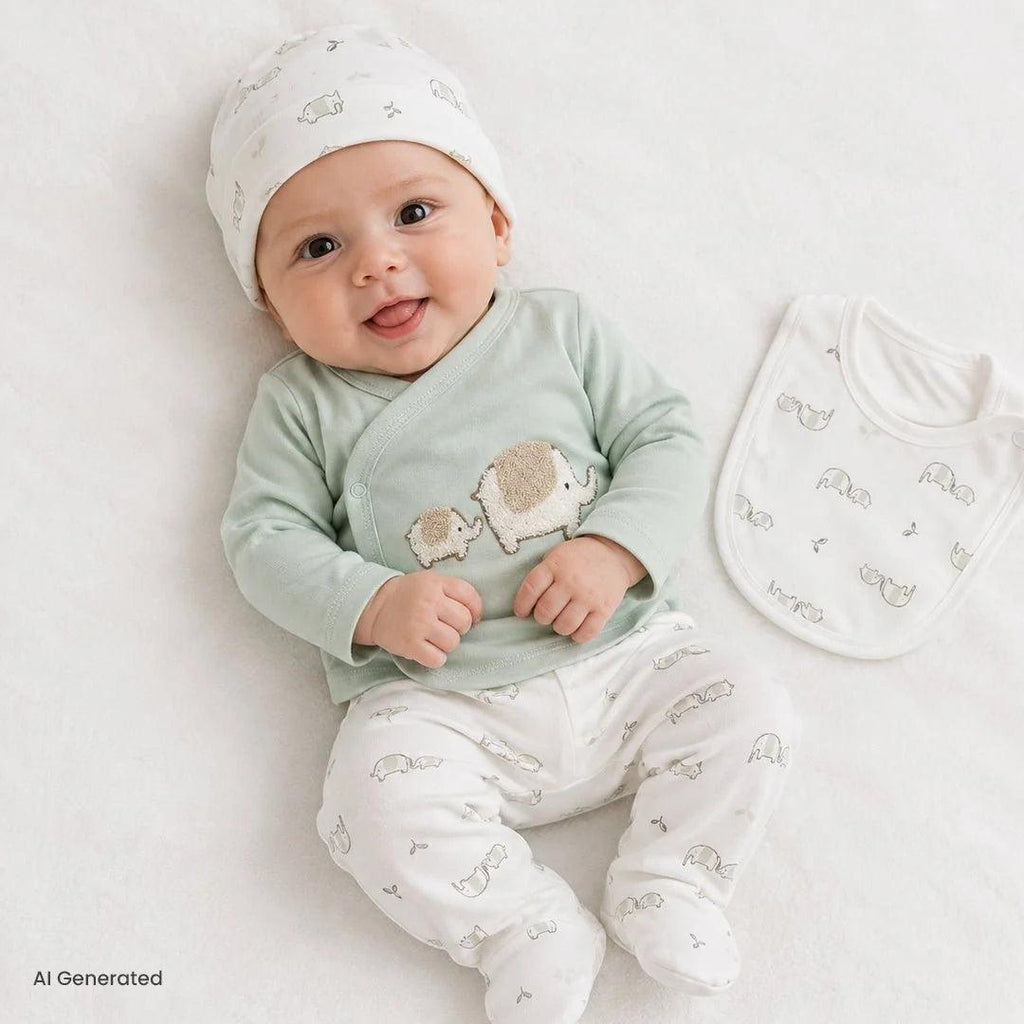 Newborn baby wearing mint elephant long-sleeve top, white hat, and patterned pants