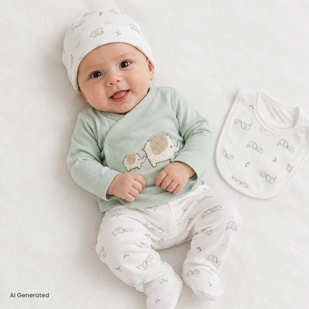 Newborn baby wearing mint elephant long-sleeve top, white hat, and patterned pants