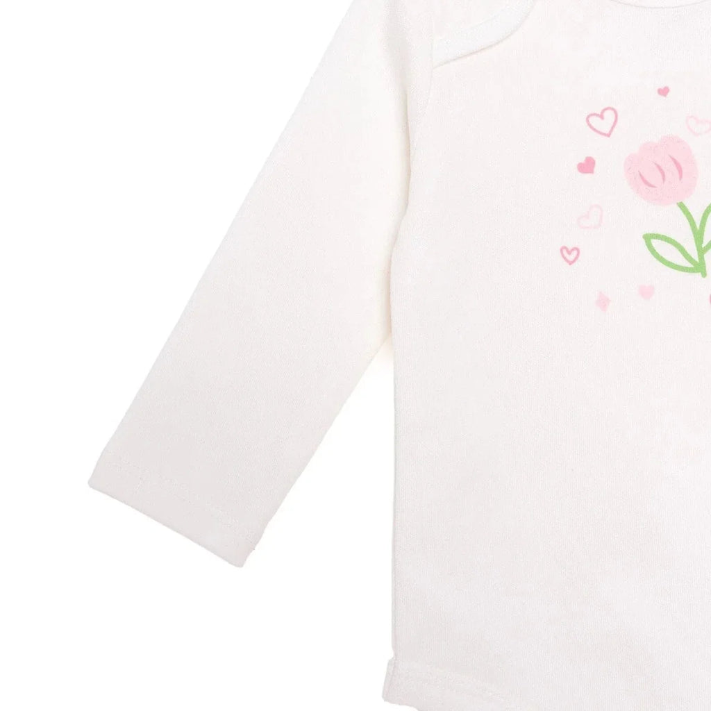 White long sleeve bodysuit with pink tulip heart pattern