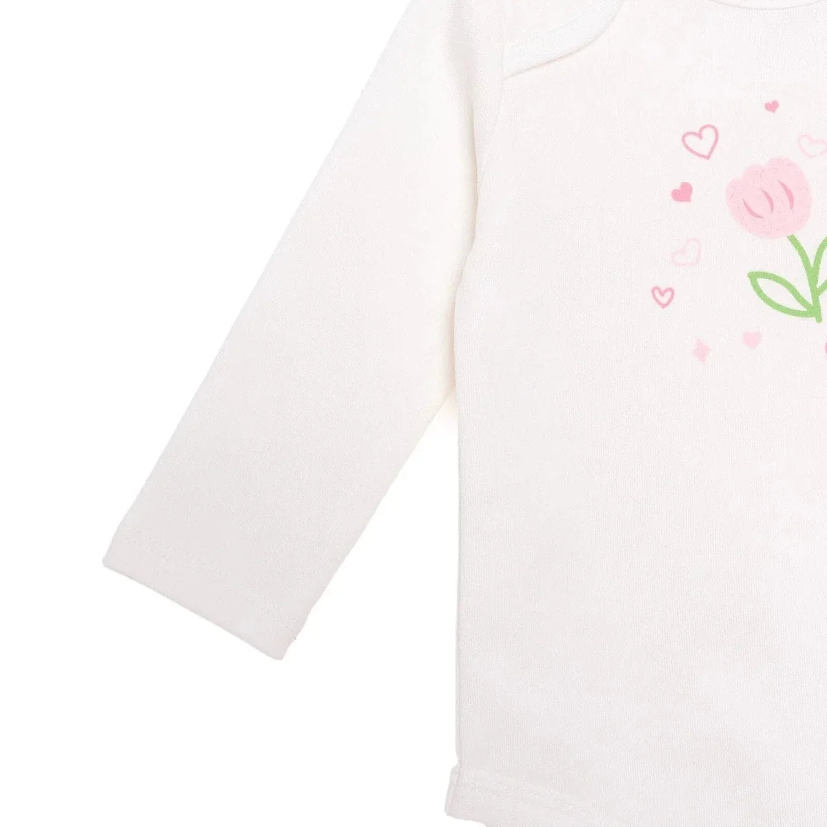 White long sleeve bodysuit with pink tulip heart pattern