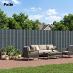 Grey privacy screen fence panel wall along patio with vertical bars