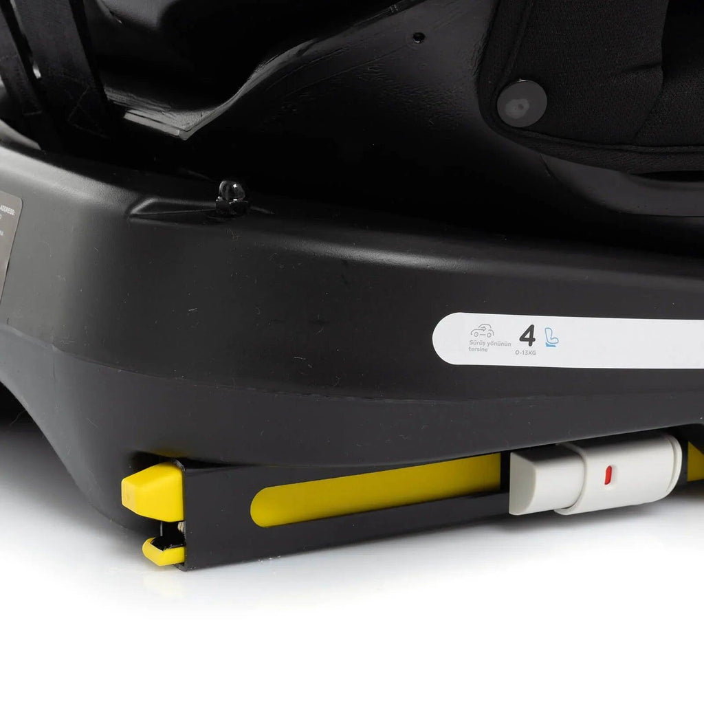 Black car seat base with yellow release lever and white adjustment button