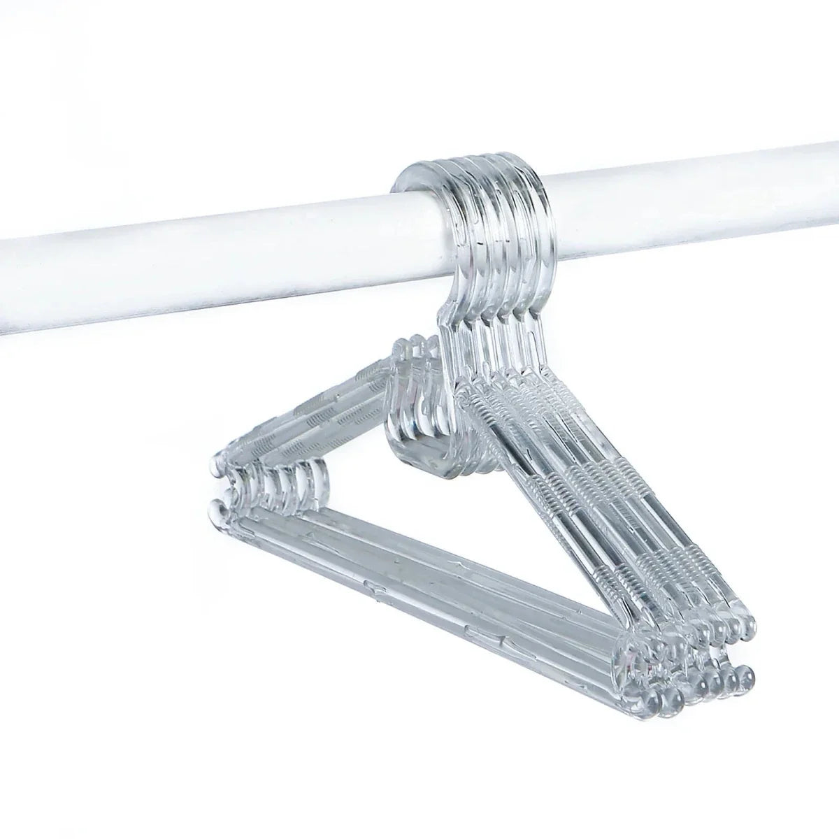 Clear plastic baby clothes hanger with curved shoulder hooks, one size