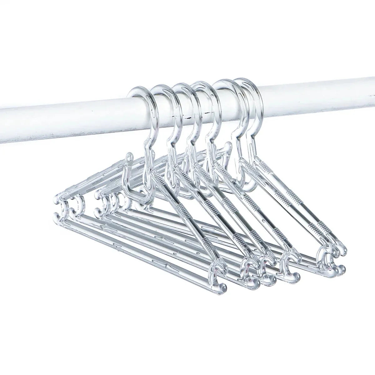 Crystal clear baby clothes hanger set on a rack with multiple curved hooks