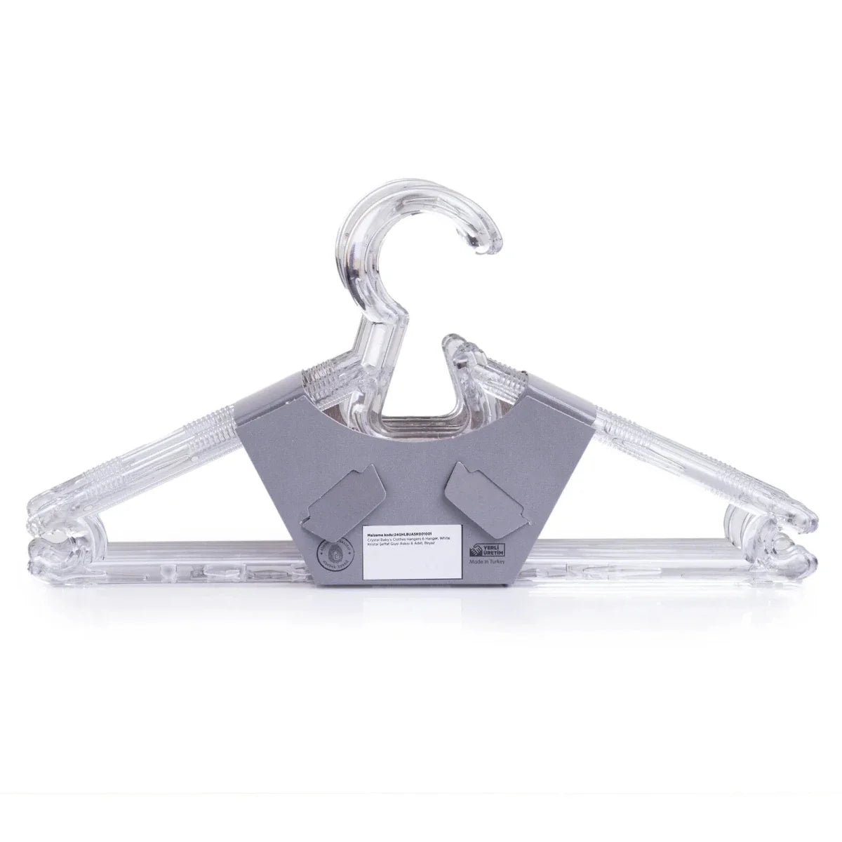 Clear plastic baby clothes hanger with curved hook and locking side tabs