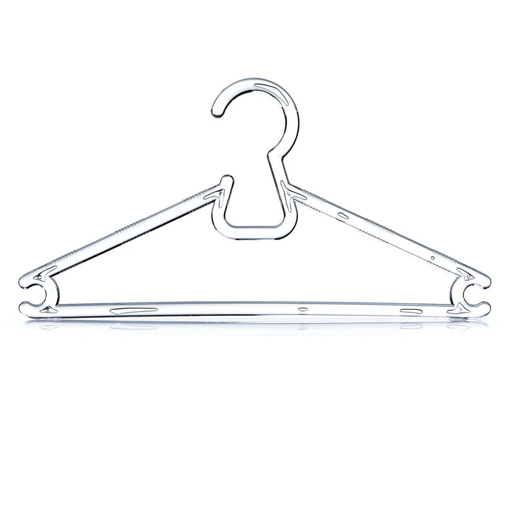 Crystal clear baby clothes hanger with curved top hook and long lower bar