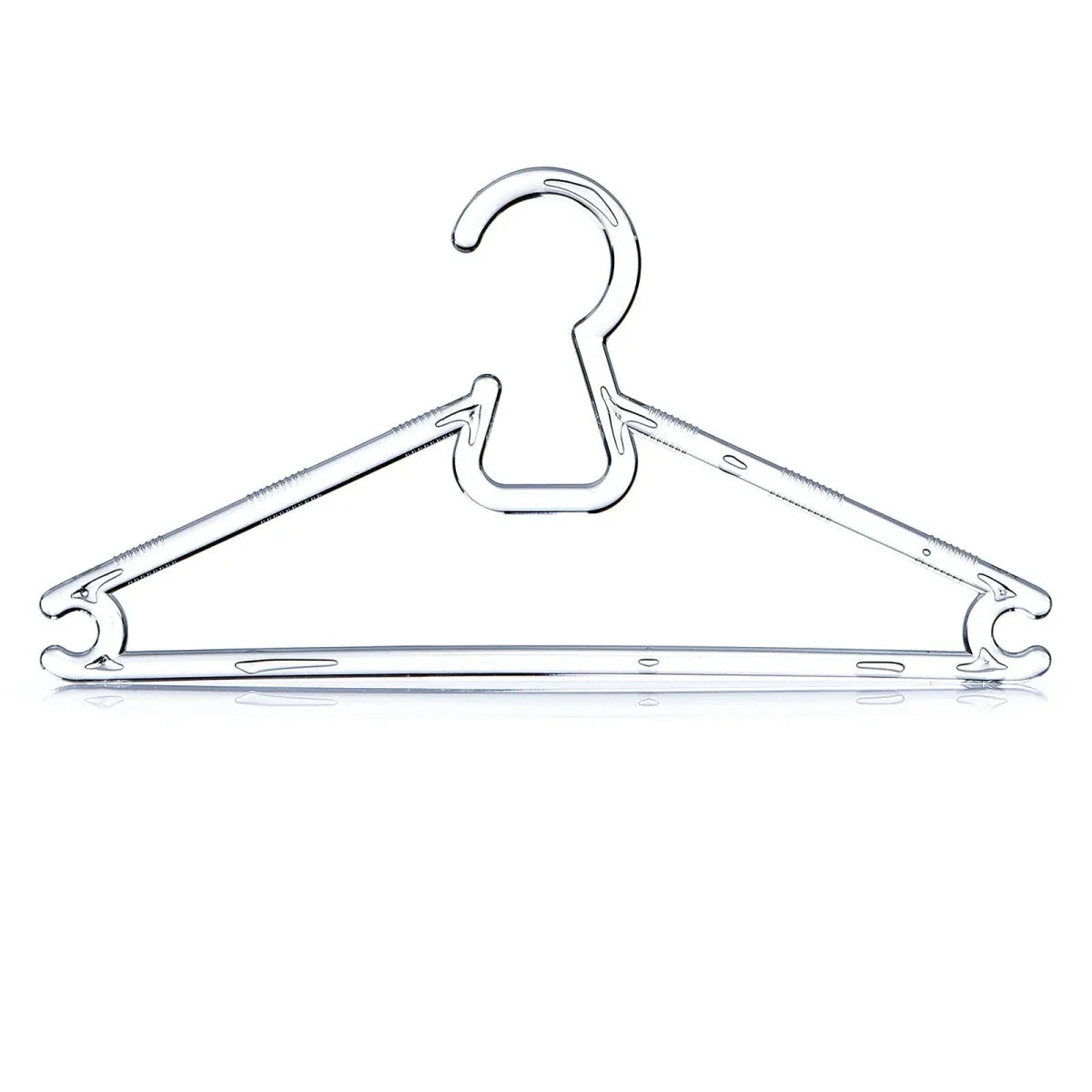 Crystal clear baby clothes hanger with curved top hook and long lower bar
