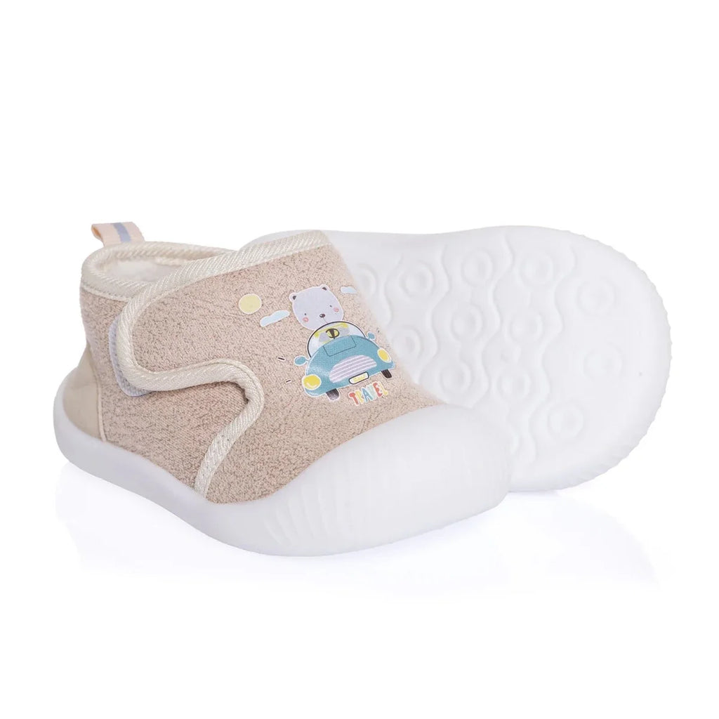 Baby first walker shoes with beige fabric upper, animal-and-car print, white sole