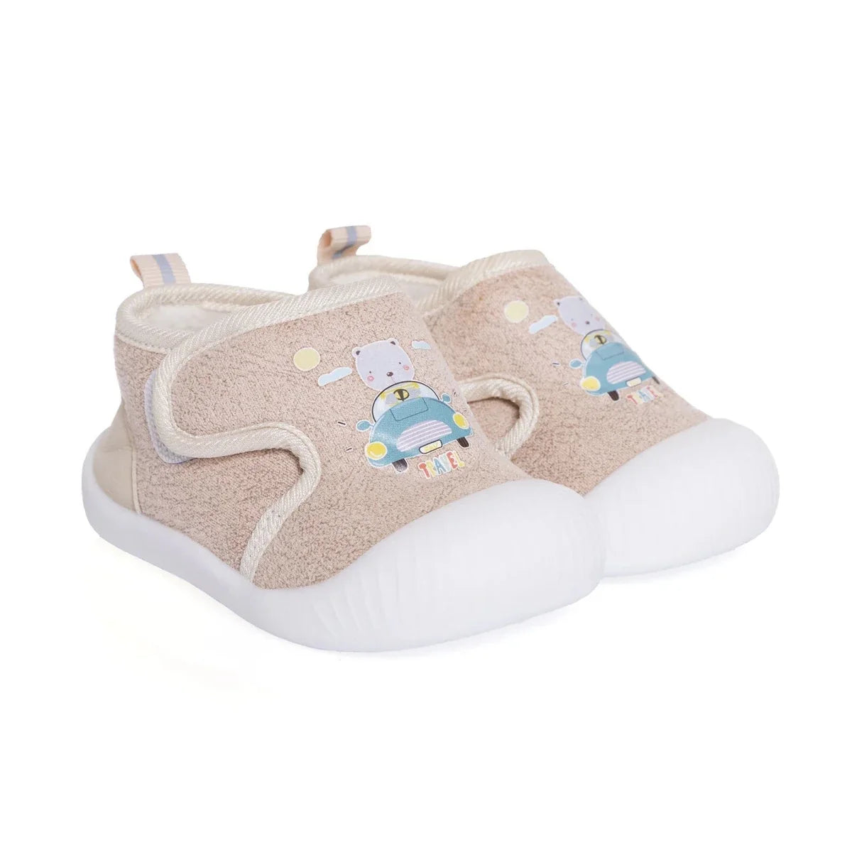 Baby first walker shoes, pair in beige textile with travel car-and-bear print, white sole