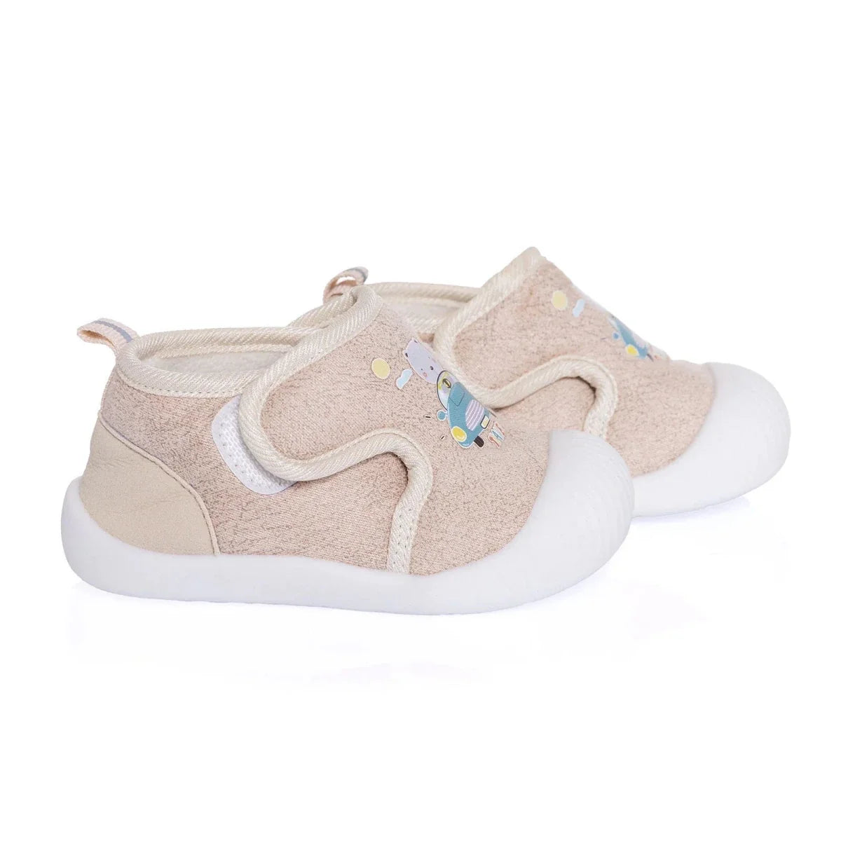 Baby first walker shoes in beige textile, cartoon car-and-bear graphic, white sole