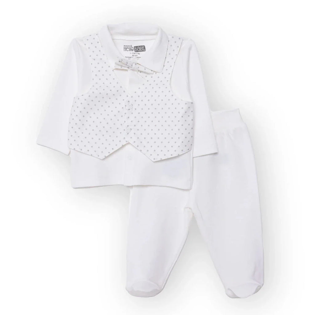 White newborn baby collared ceremony outfit set with dotted bib vest and pants