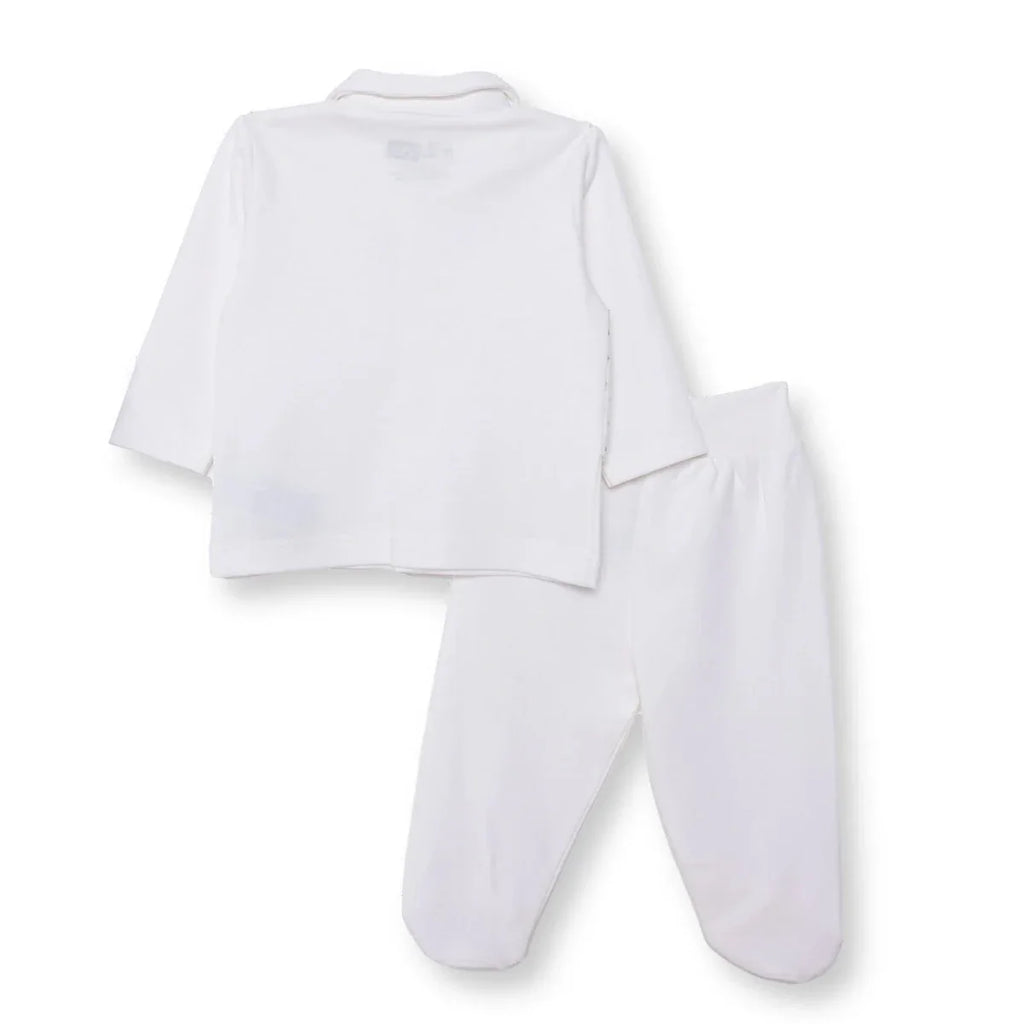 White collared baby shirt and pants set, long sleeves, back view