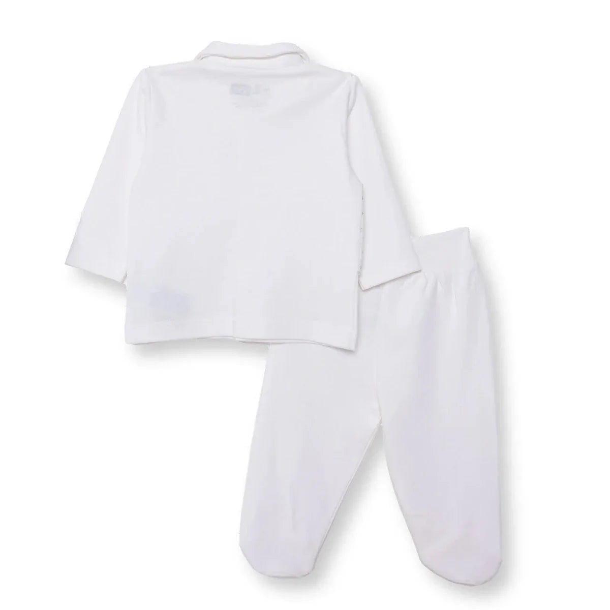 White collared baby shirt and pants set, long sleeves, back view
