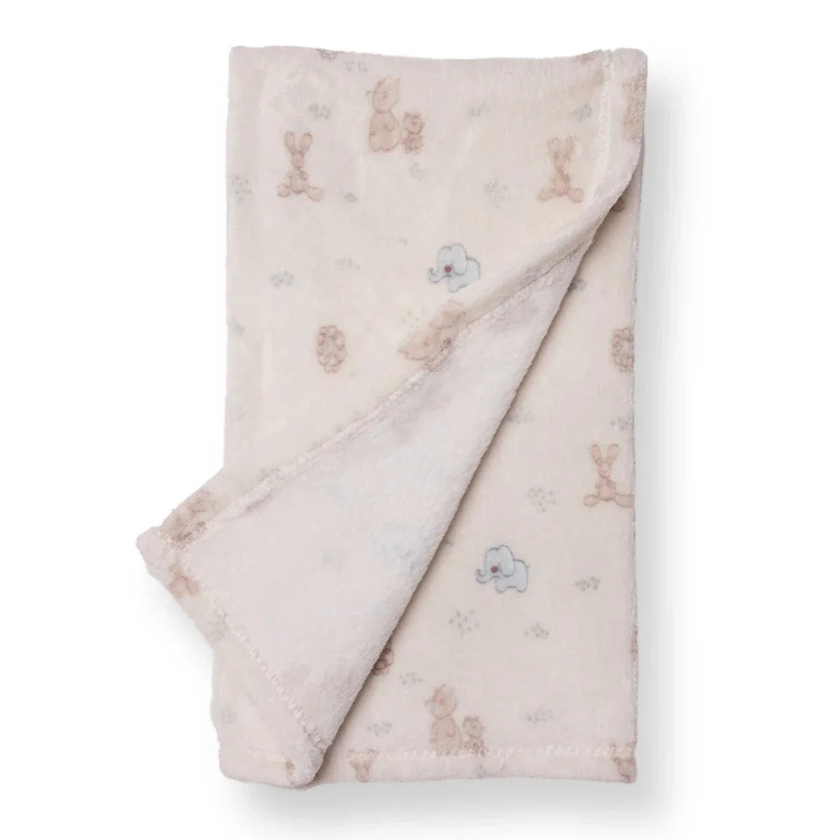 Folded baby fleece blanket in light cream with pastel animal motifs and stitched edge
