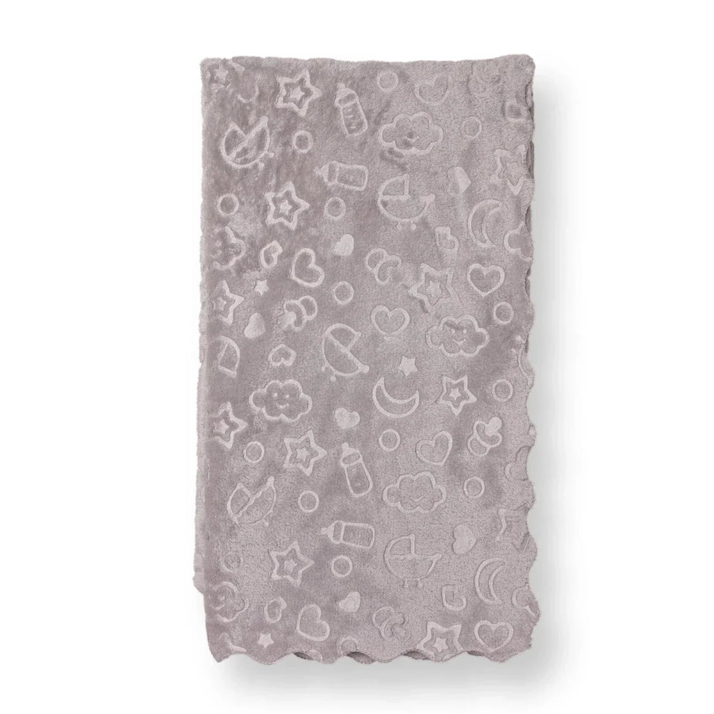 Grey baby blanket with sky-themed icons print, 90 x 110 cm soft fleece