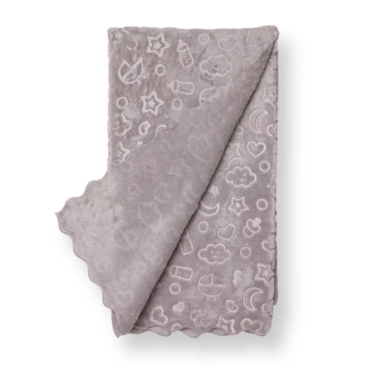 Grey baby blanket folded, showing sky-themed pattern icons on soft fleece